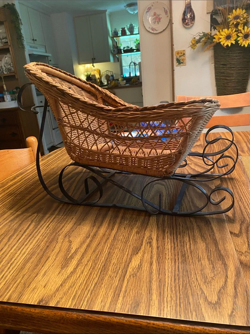Wicker Sleigh Basket with Black Metal Runners - Natural Brown